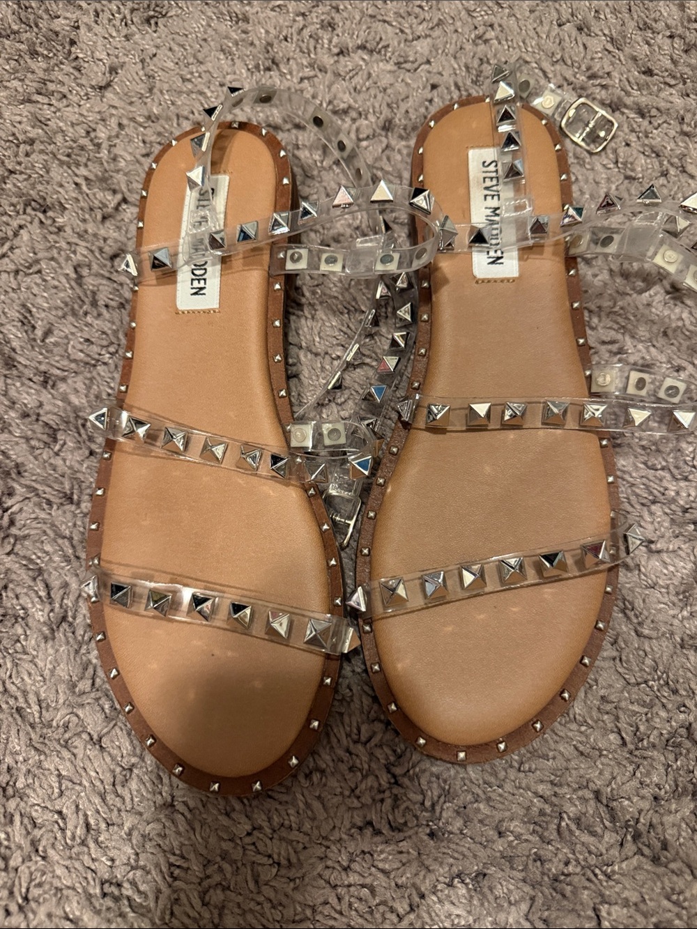 Steve Madden Clear Studded Strap Sandals in Tan and Silver
